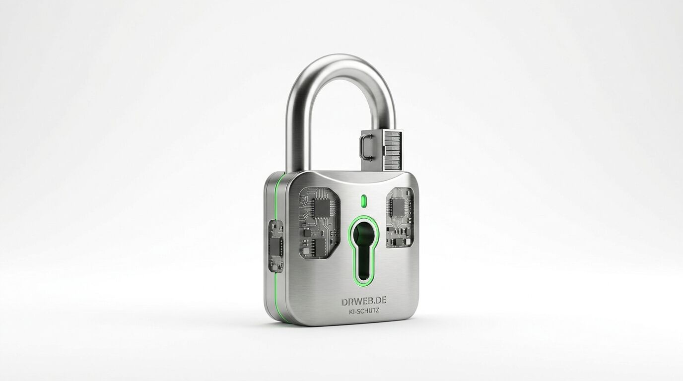Modernes Vorhängeschloss aus Metall mit Elektronikkomponenten und grüner Leuchte vor weißem Hintergrund