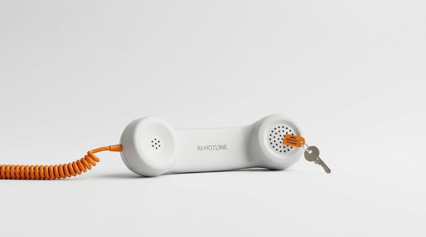 Ein grauer Telefonhörer mit orangefarbenem Kabel und angehängtem Schlüssel auf hellem Grund