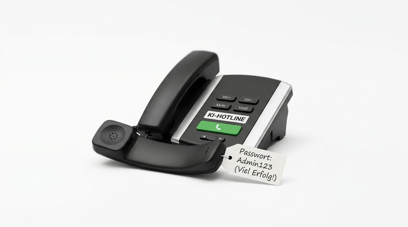 Schwarzes VoIP-Telefon mit abgehobenem Hörer, grünem Knopf, KI-HOTLINE-Text und Passwort-Schild