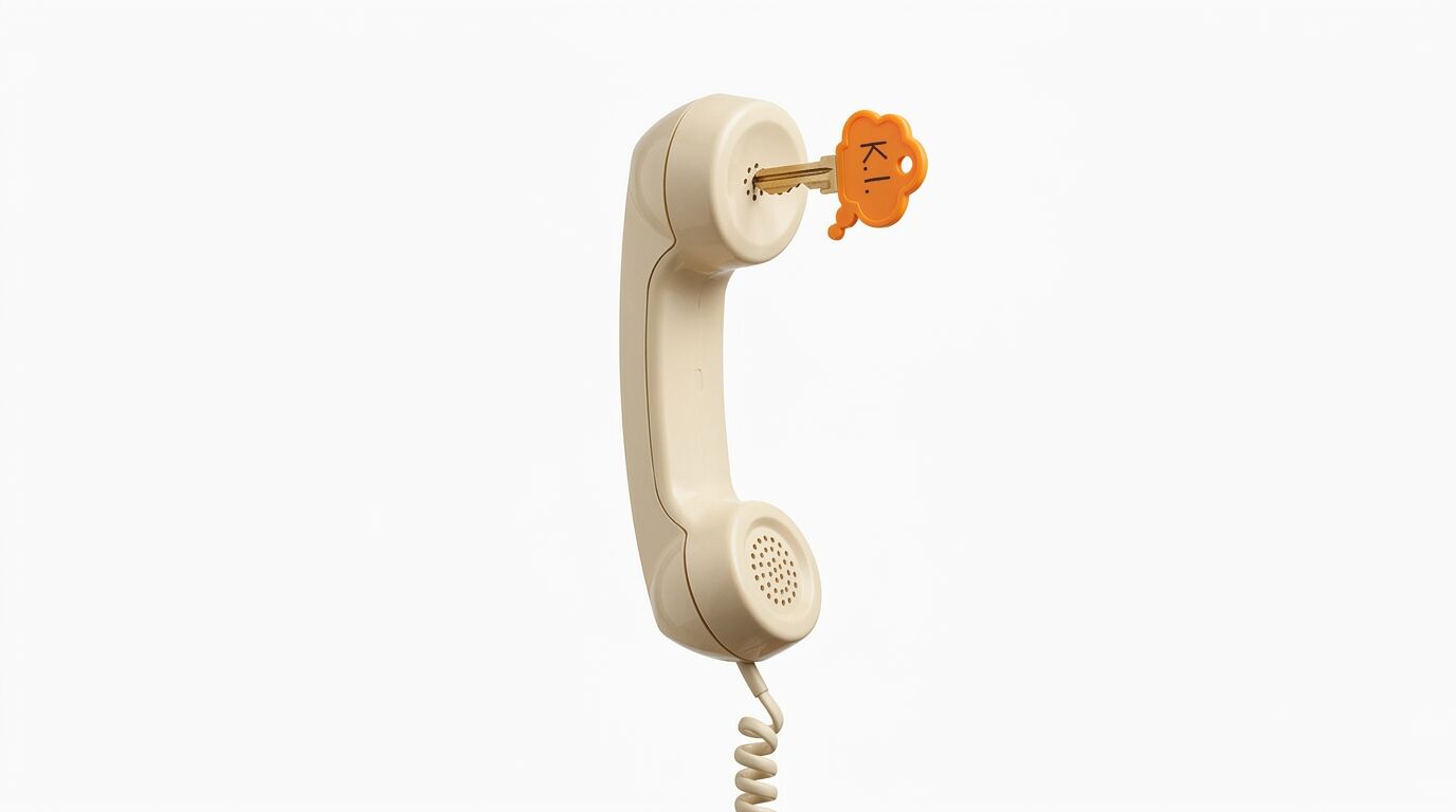 Ein beigefarbener Telefonhörer hängt in der Luft mit einem Schlüssel in der Hörmuschel