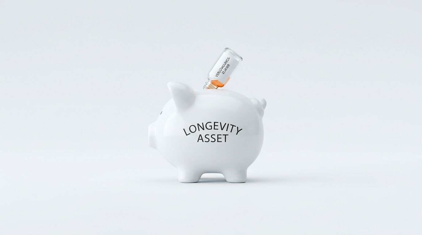 Sparschwein mit Aufschrift „Longevity Asset“ und einer hineingesteckten kleinen Ampulle