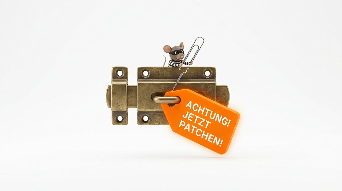 Diebmaus an Riegel mit Anhänger „ACHTUNG! JETZT PATCHEN!“
