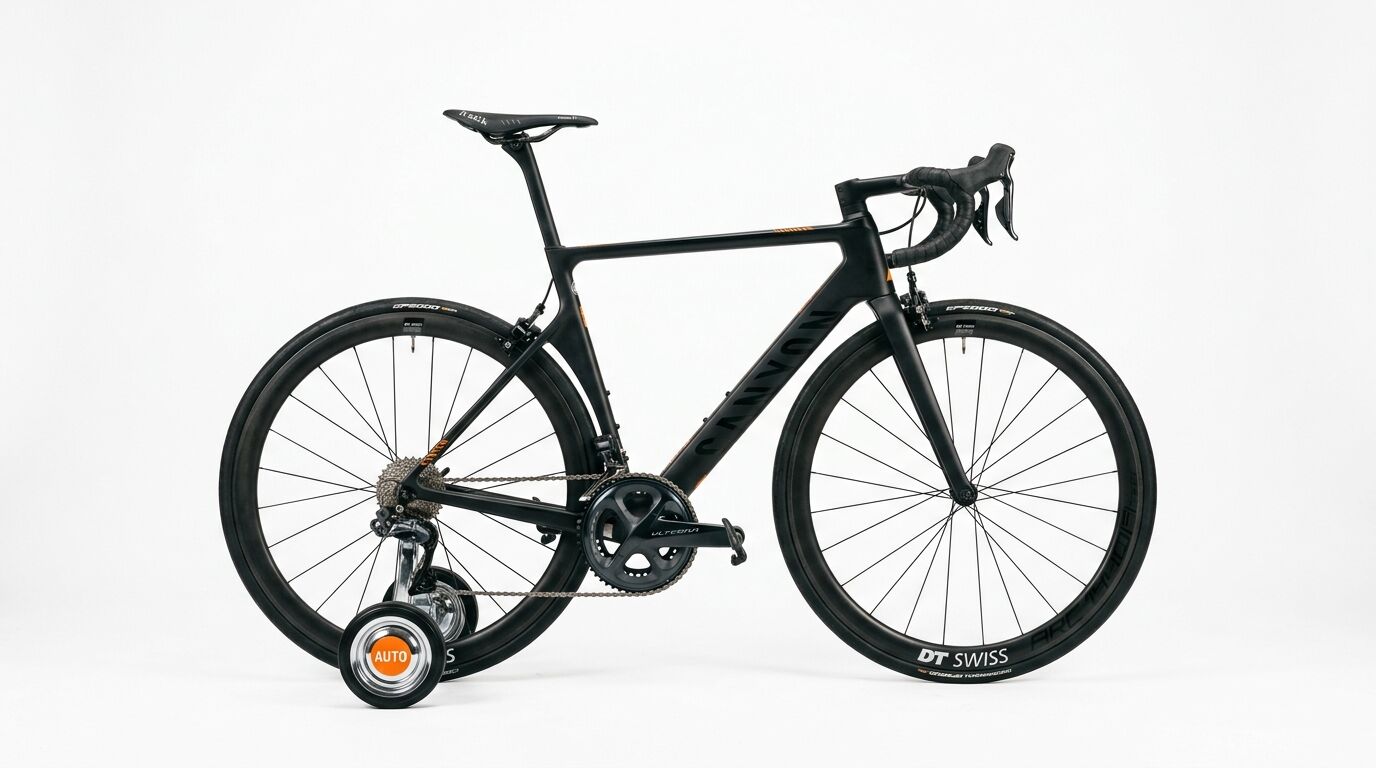 Schwarzes Rennrad mit Stützrädern vor weißem Hintergrund