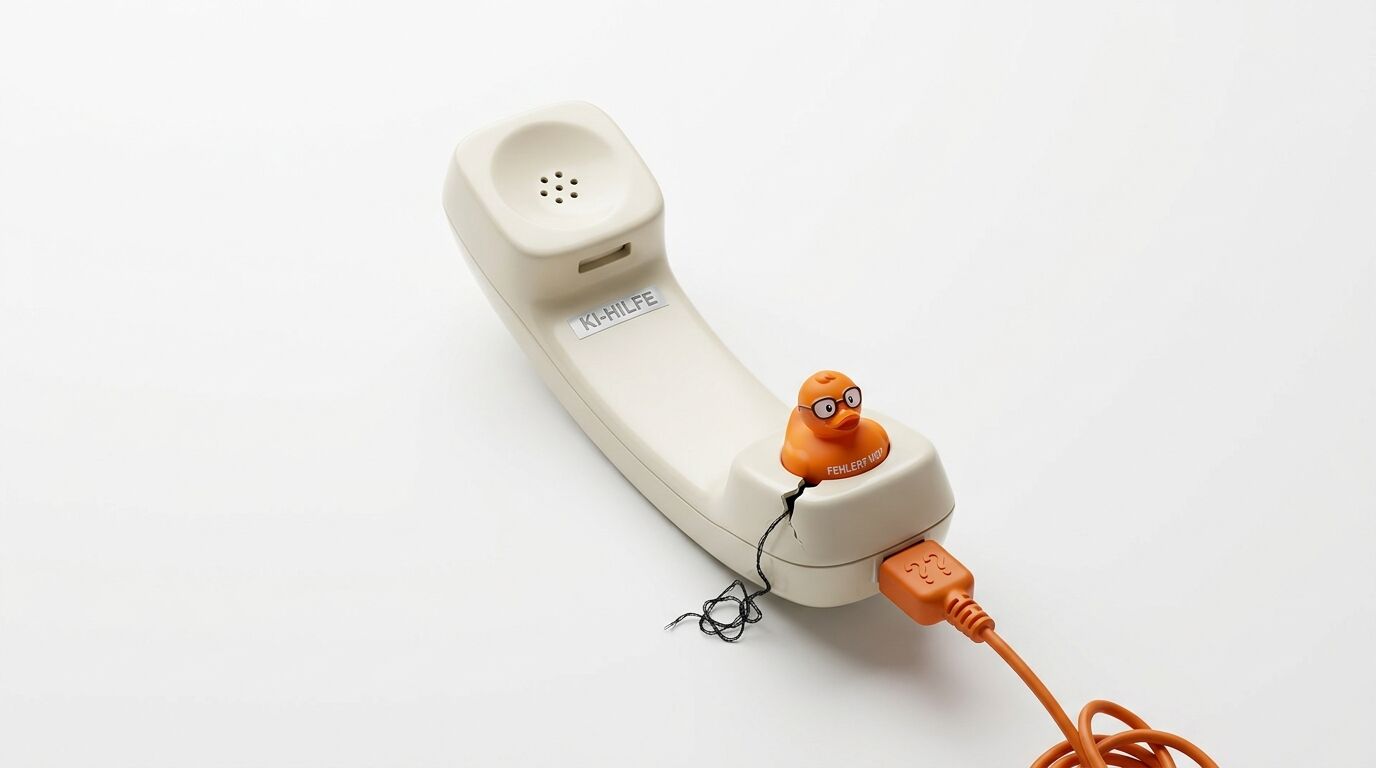 Beiger Hörer mit Aufschrift KI-HILFE, Quietscheente im Mikrofoteil und orangem USB-Kabel