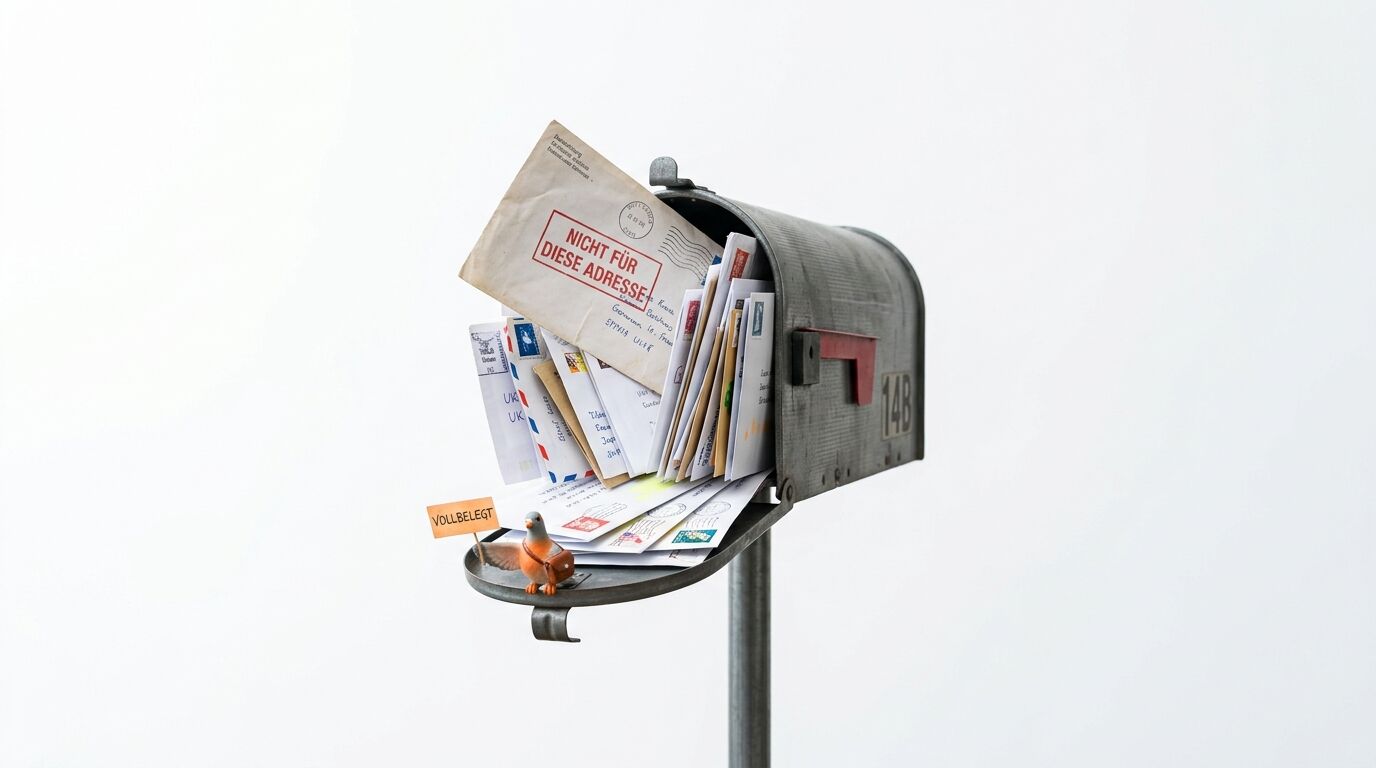 Briefkasten voller Briefe, oberster mit Stempel 