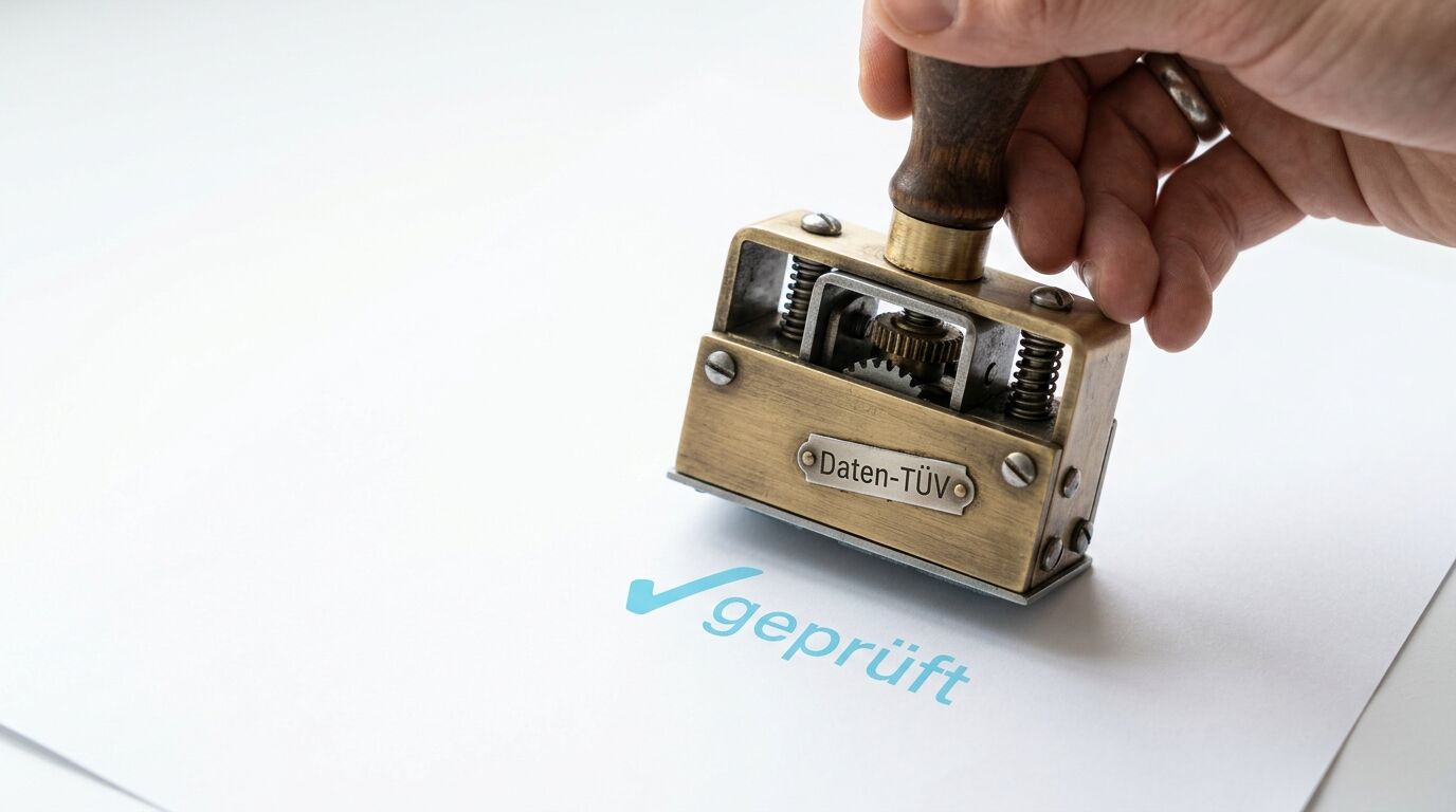 Ein Stempel mit der Gravur „Daten-TÜV“ drückt auf ein Papier mit der Aufschrift „geprüft“