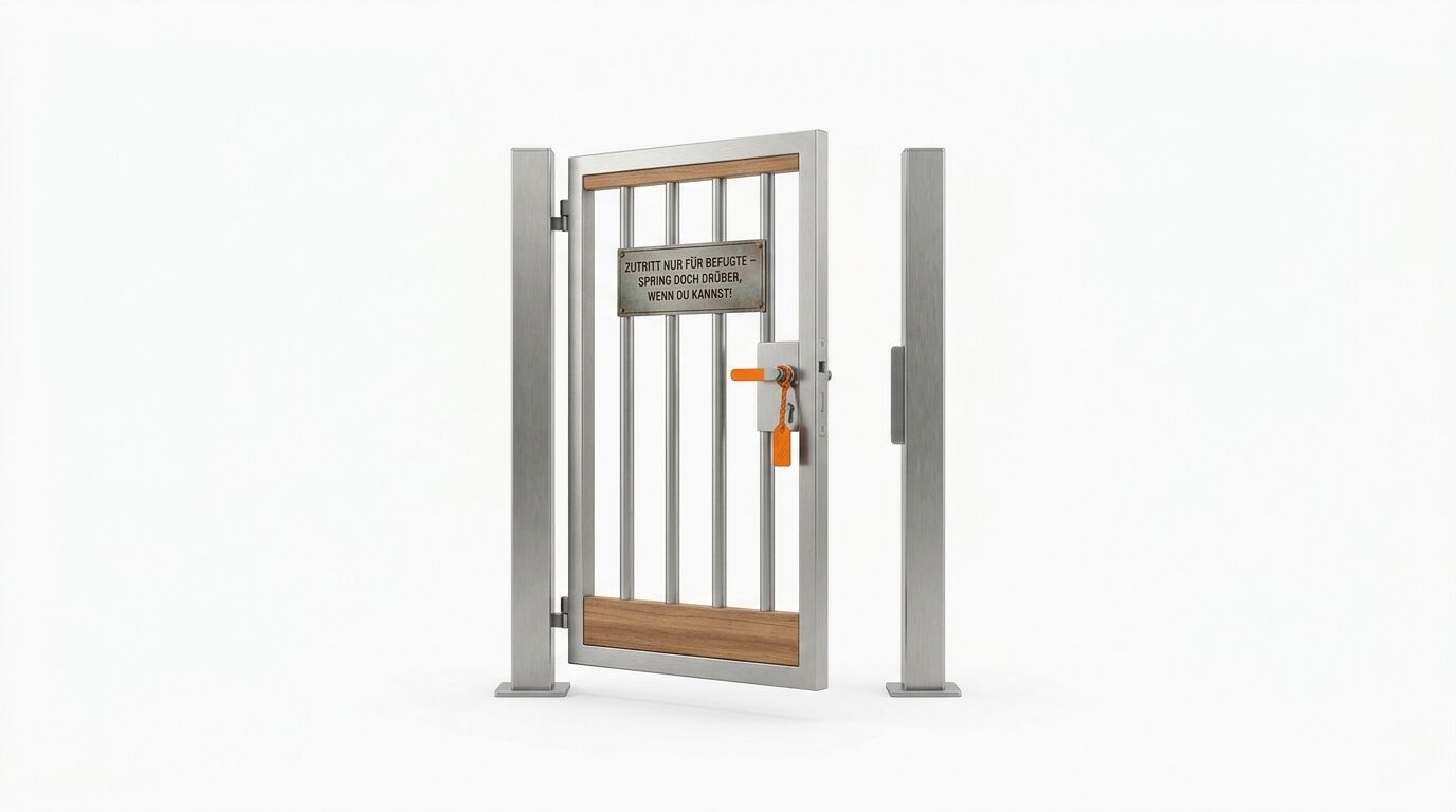 Offenes Metalltor mit Holz und Warnschild, freistehend auf Weiß