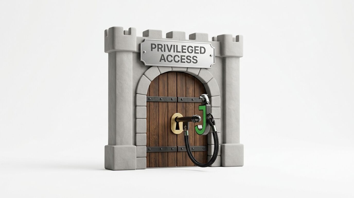 Ein Steintor mit Holzpforte, Schild „PRIVILEGED ACCESS“ und steckendem Haken-Schlüssel