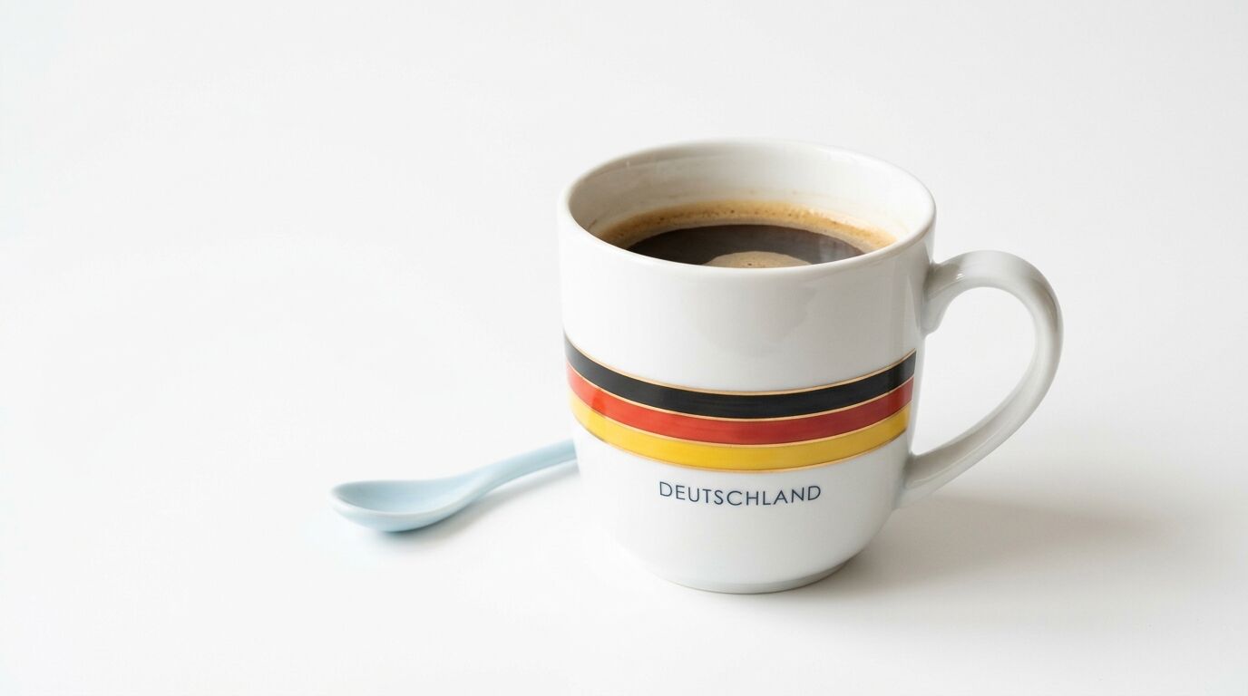 Eine weiße Tasse mit Kaffee und Deutschlandfahne, daneben liegt ein Löffel