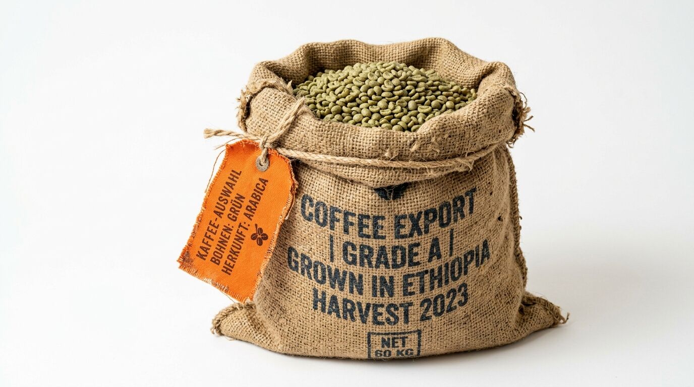 Jutesack mit grünen Kaffeebohnen, Etikett und Aufschrift „GROWN IN ETHIOPIA“