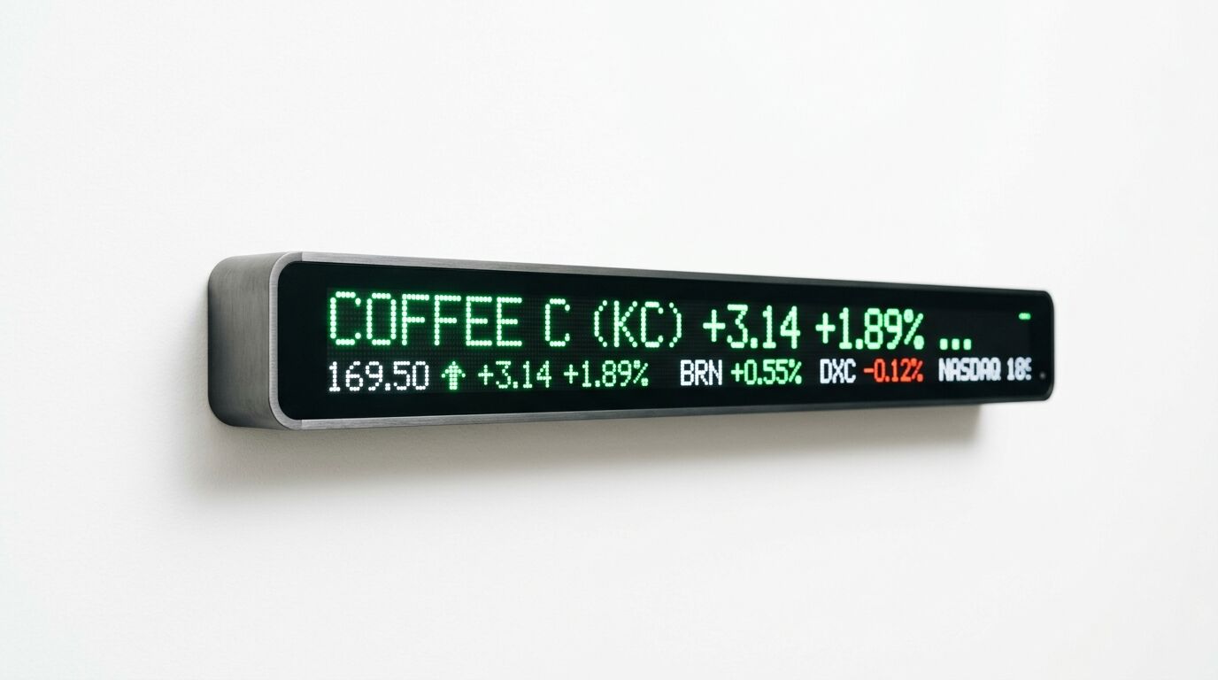 Börsenticker-Display mit grünem und roten Text vor weißem Hintergrund, Coffee C (+1.89%) oben links