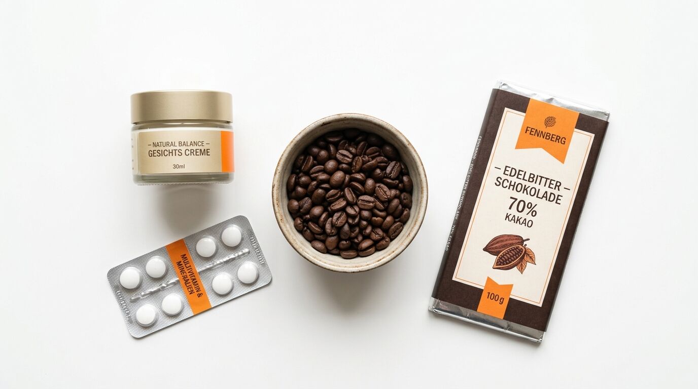 Tiegel mit Gesichtscreme, Schale mit Kaffeebohnen, Schokolade, Multivitamin-Blister auf Weiß