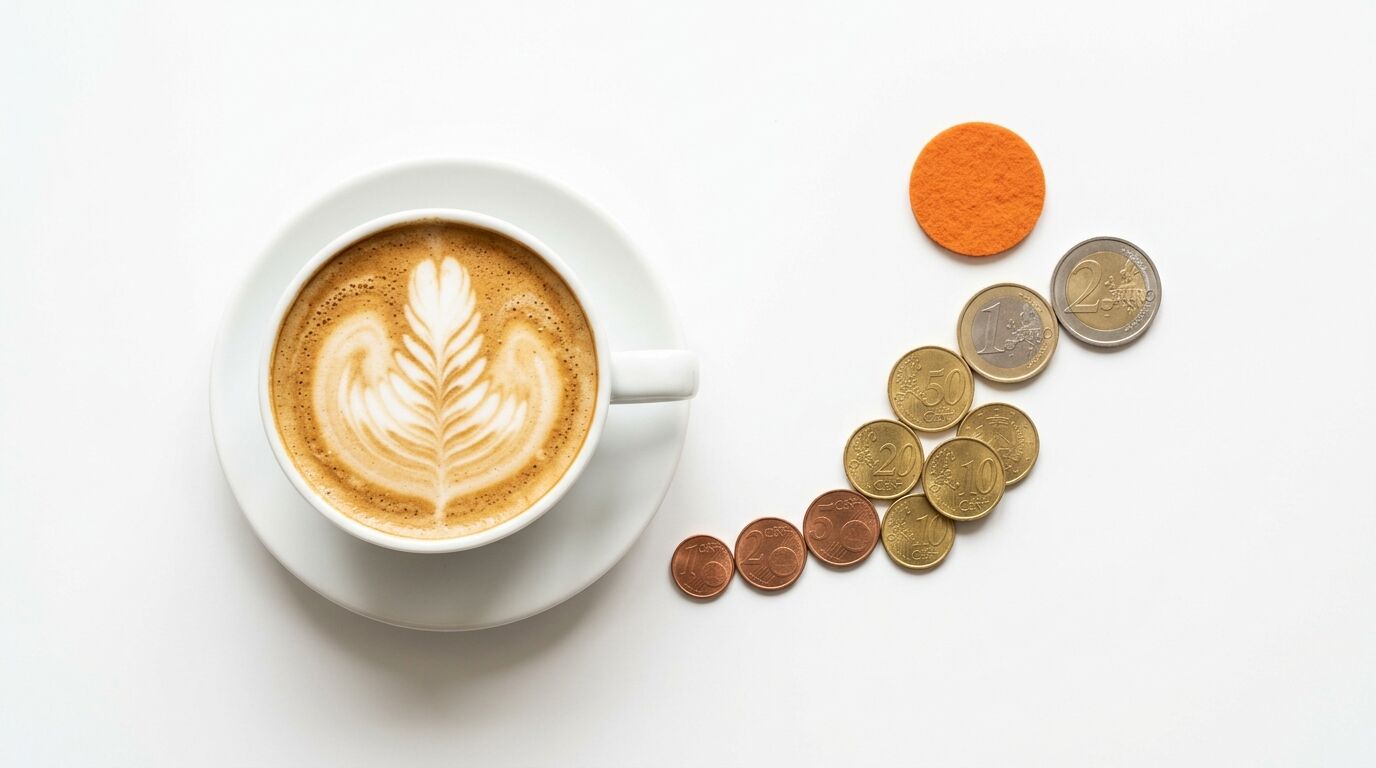 Latte, eine geschwungene Linie aus Euro-Münzen und ein orangefarbener Kreis auf Weiß
