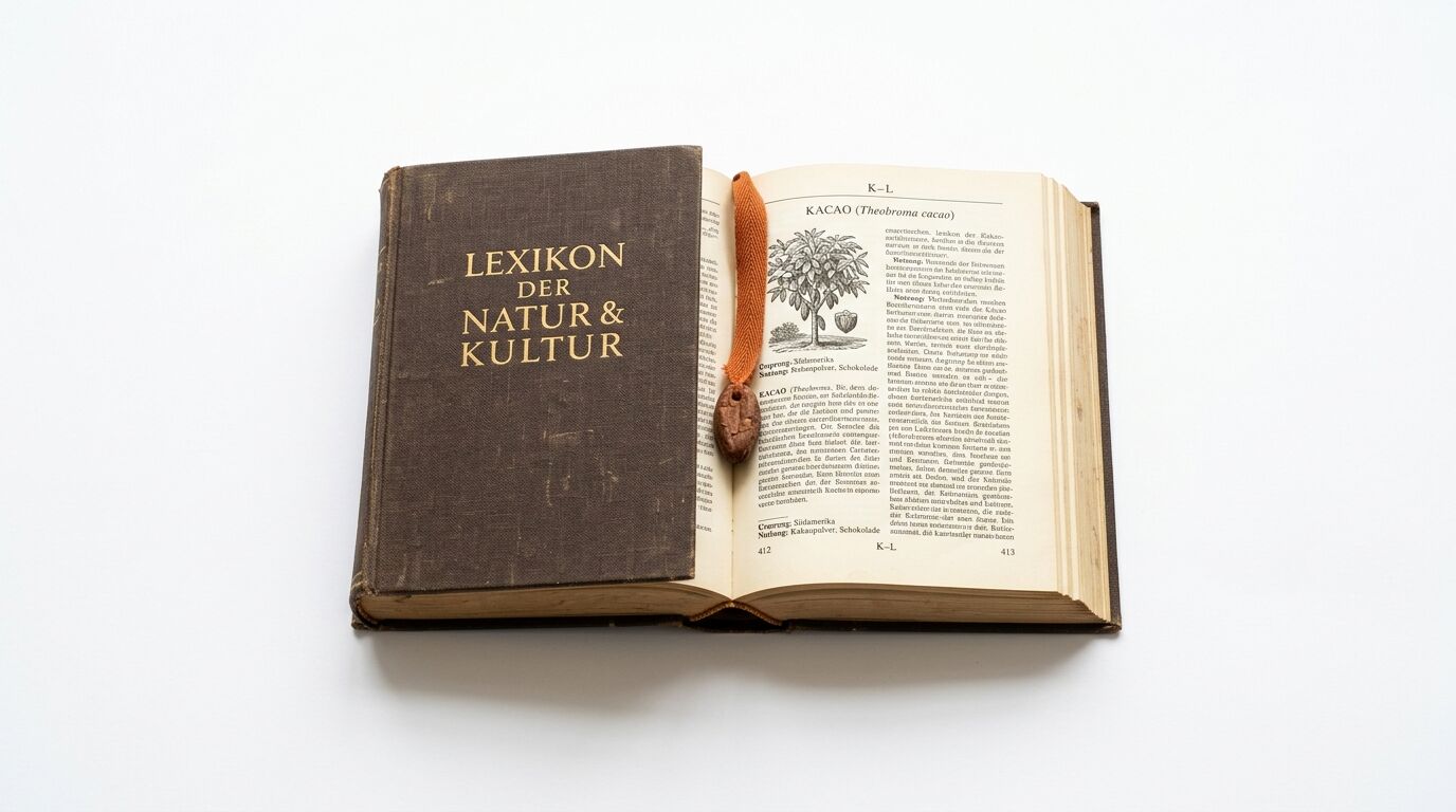 Geöffnetes Lexikon, orangefarbenes Bandlesezeichen mit Kakaobohnenanhänger auf weißem Grund