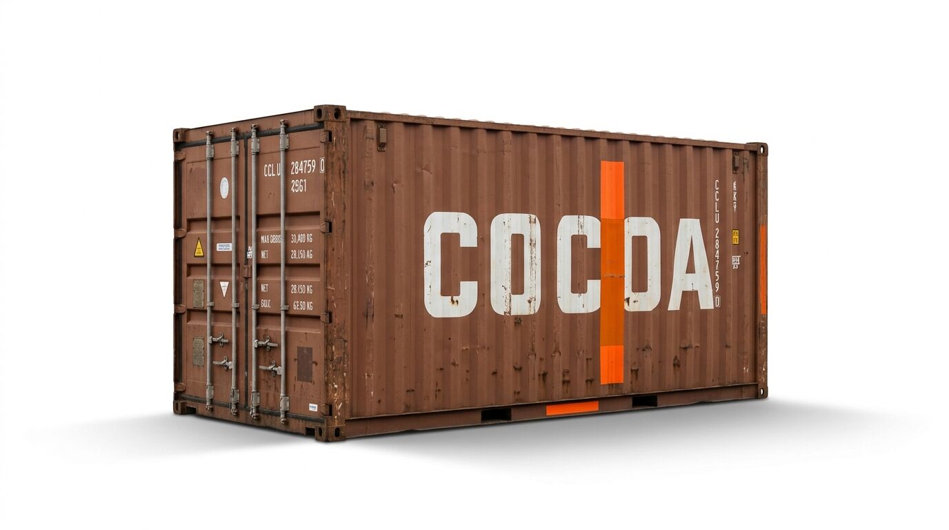 Brauner Container mit der weißen Aufschrift „COCOA“ auf weißem Hintergrund