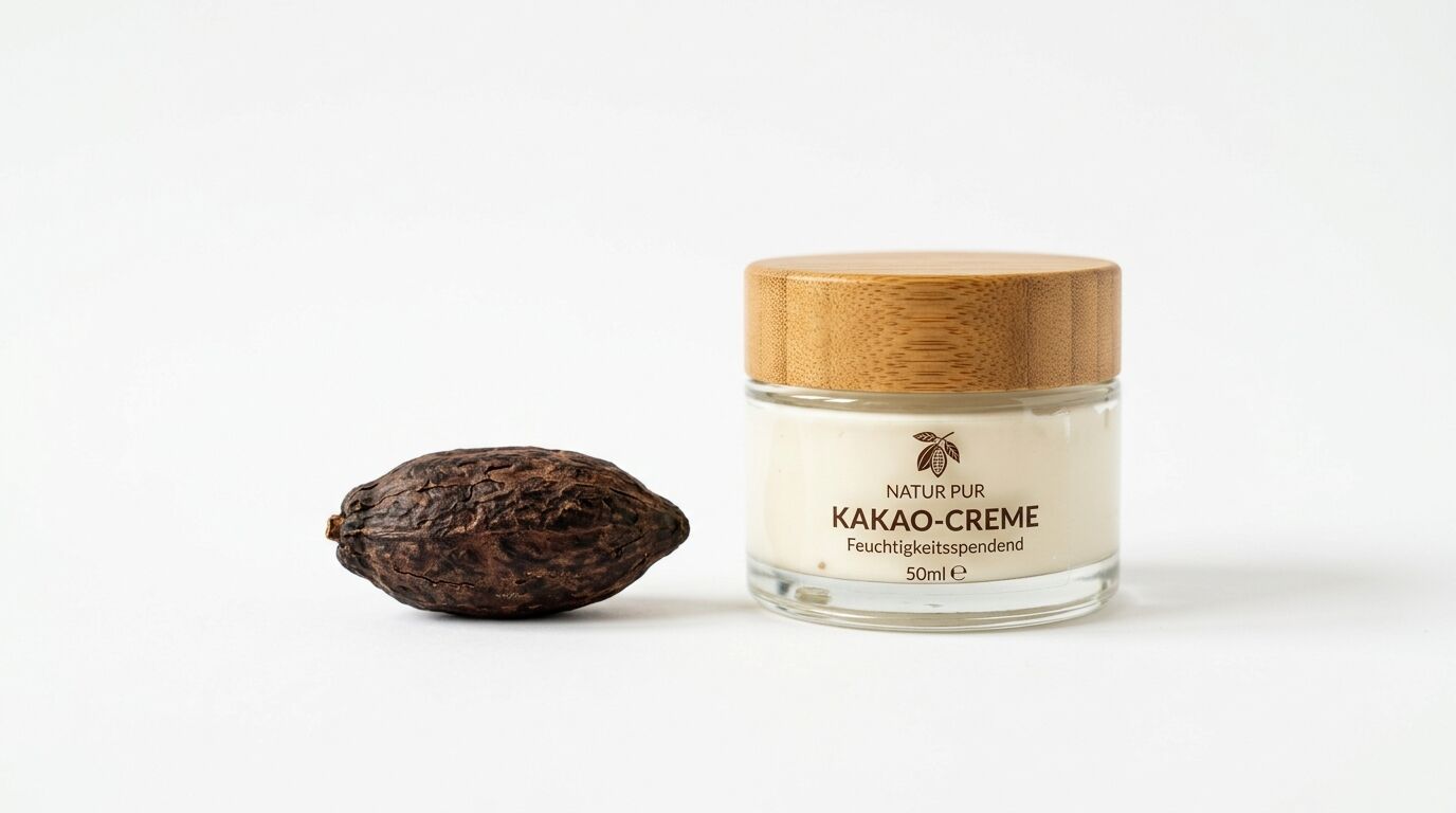 Trockene Kakaoschote neben einem Glastiegel mit Kakaocreme und Holzdeckel vor weißem Hintergrund