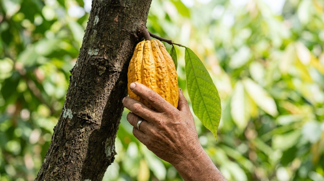 Eine beringte Männerhand hält eine gelbe Kakaofrucht am Stamm eines Kakaobaums