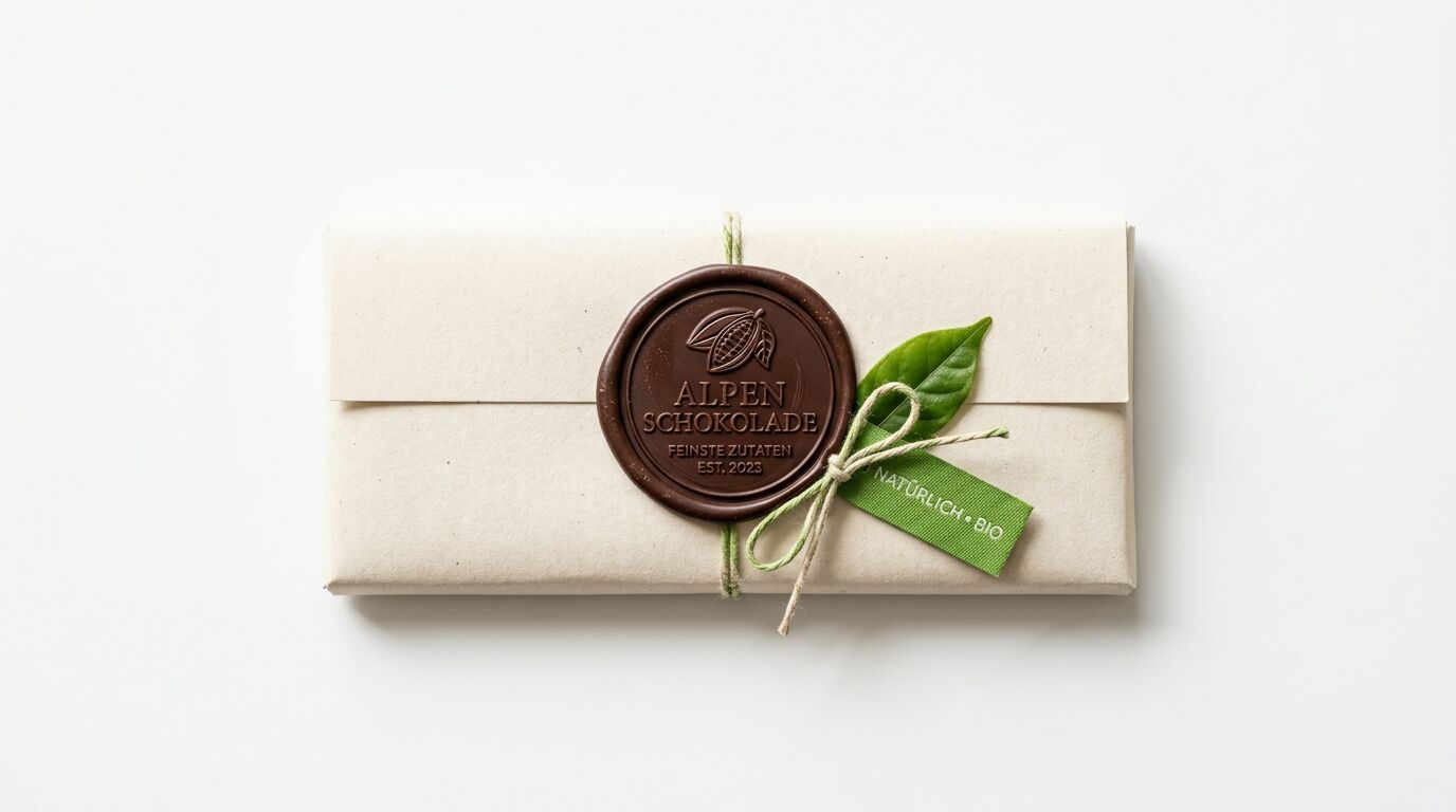 Draufsicht auf eine in braunes Papier gewickelte Pralinenschachtel, fixiert mit einem braunen Schokoladensiegel mit der Aufschrift „ALPEN SCHOKOLADE FEINSTE ZUTATEN EST. 2023“ und verziert mit einem grünen Blatt und einem Etikett mit der Aufschrift „NATÜRLICH • BIO“ vor weißem Hintergrund