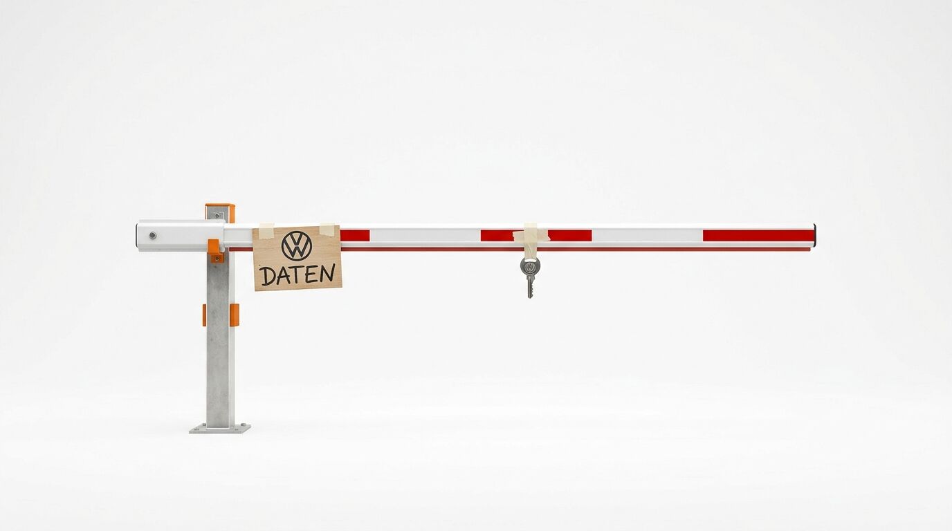 Schranke mit VW-Logo, Text „DATEN“ und hängendem Schlüssel vor weißem Hintergrund
