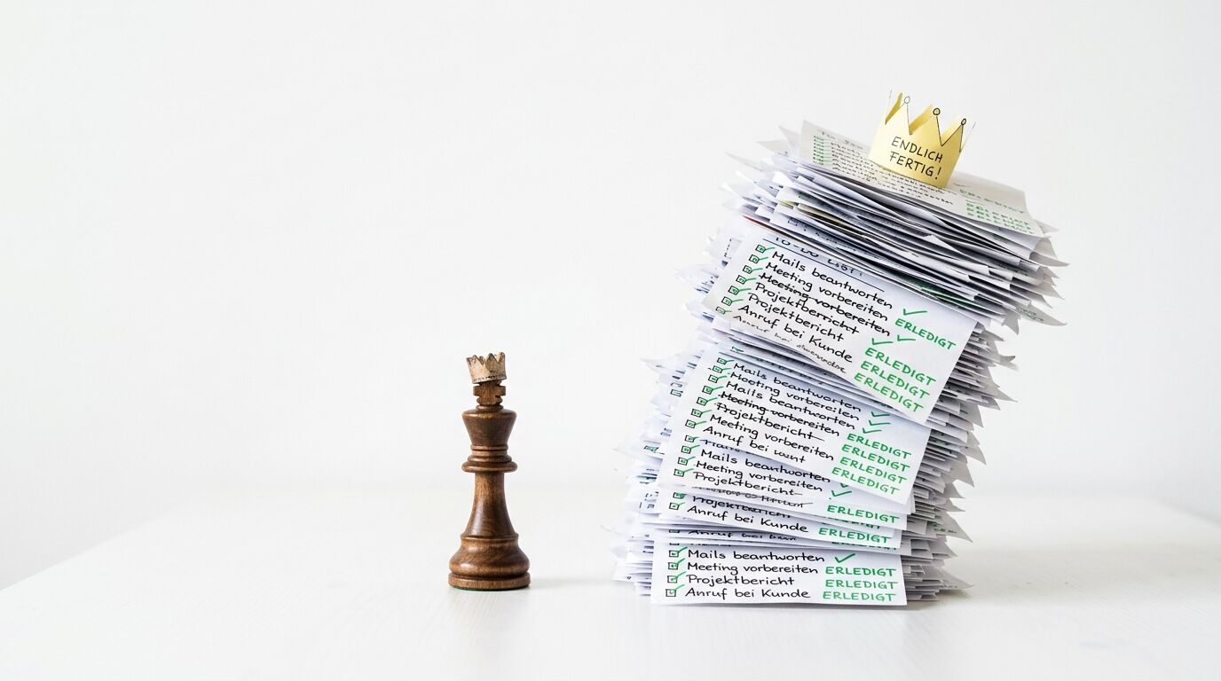 Holzschachkönig mit Krone links, Papierstapel mit „ENDLICH FERTIG!“ Krone rechts