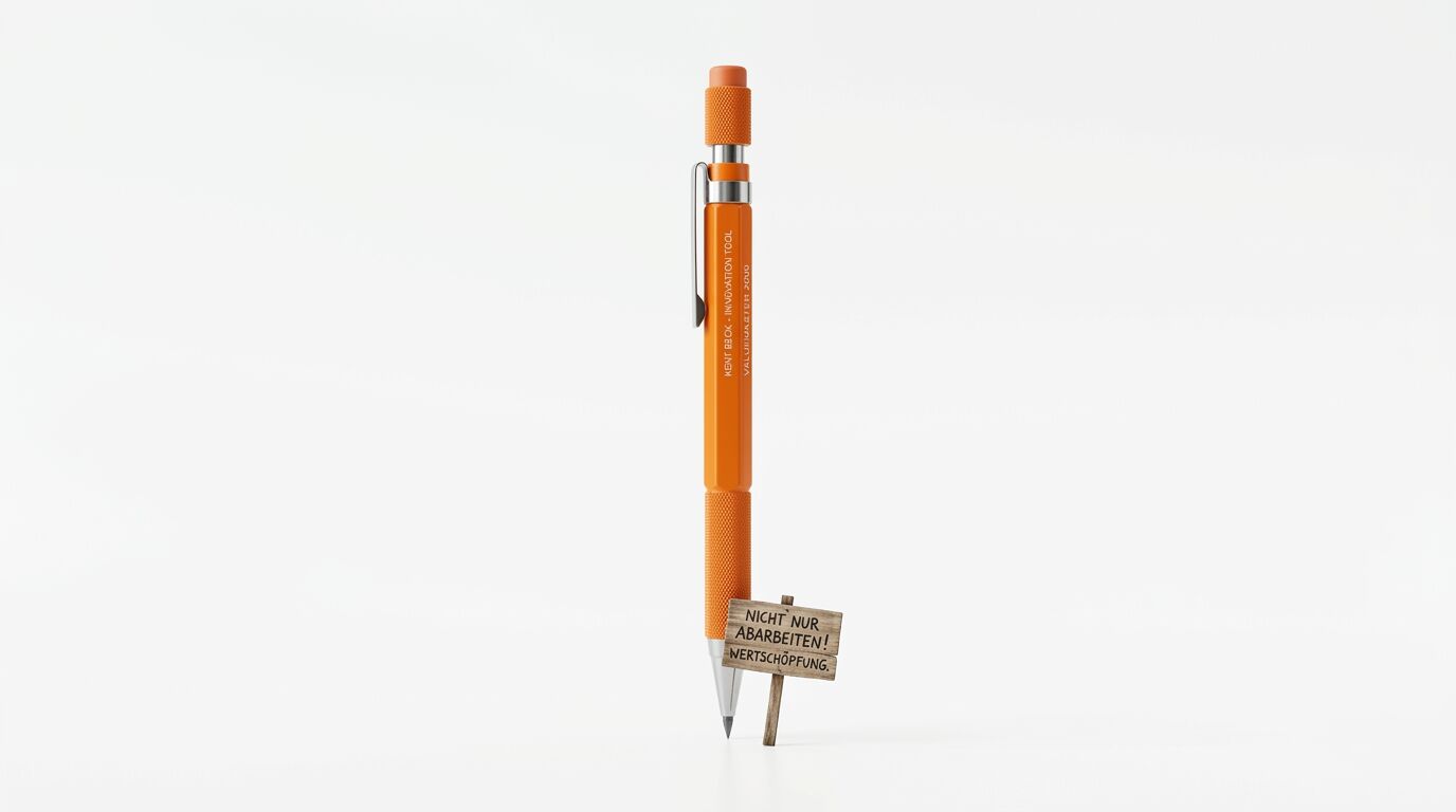 Oranger Stift mit Beschriftung, davor ein kleines Holzschild auf weißem Grund