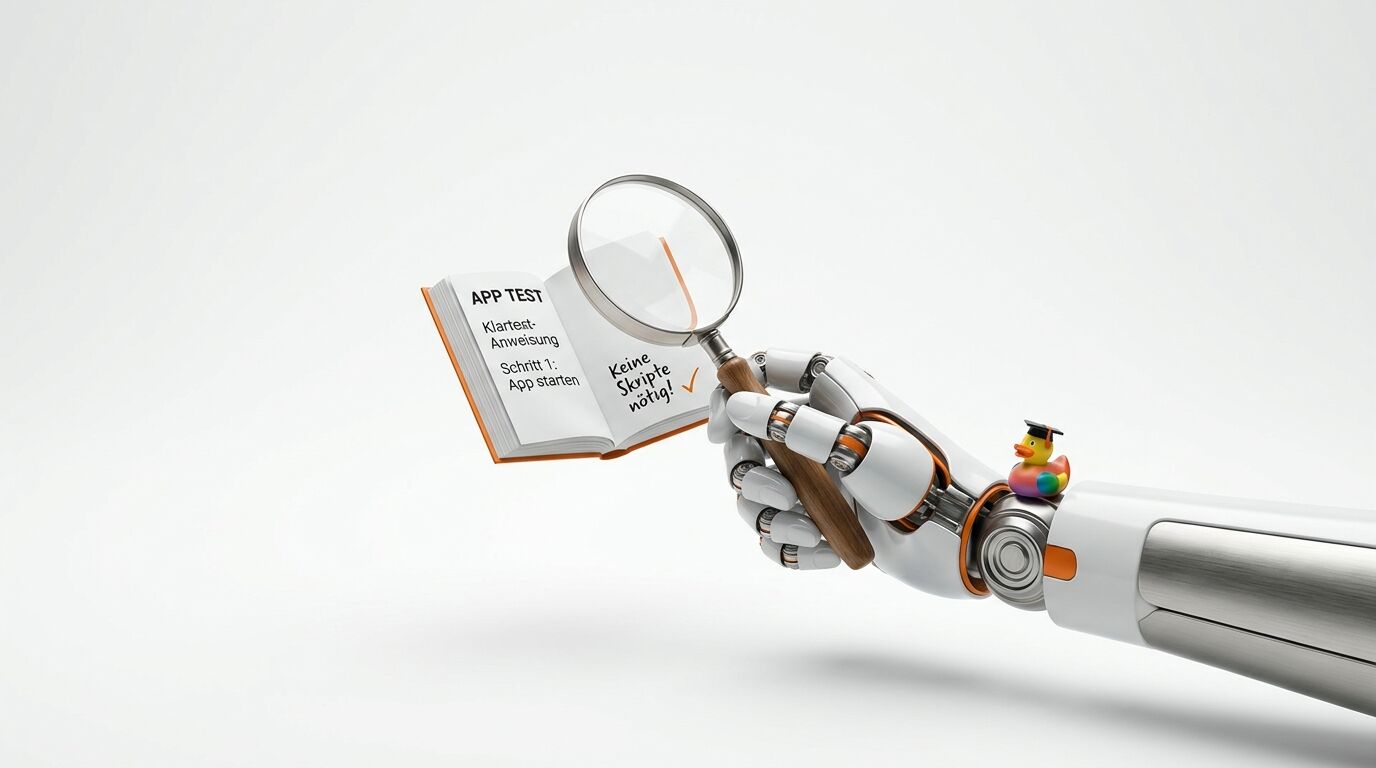 Ein Roboterarm hält eine Lupe über einem Buch mit Text und eine bunte Gummiente davor