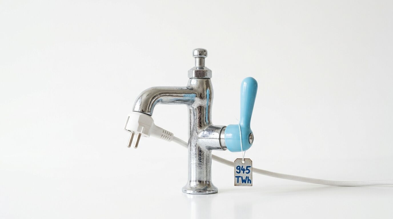 Wasserhahn mit Stecker, Kabel und Anhänger (945 TWh) auf weißem Grund