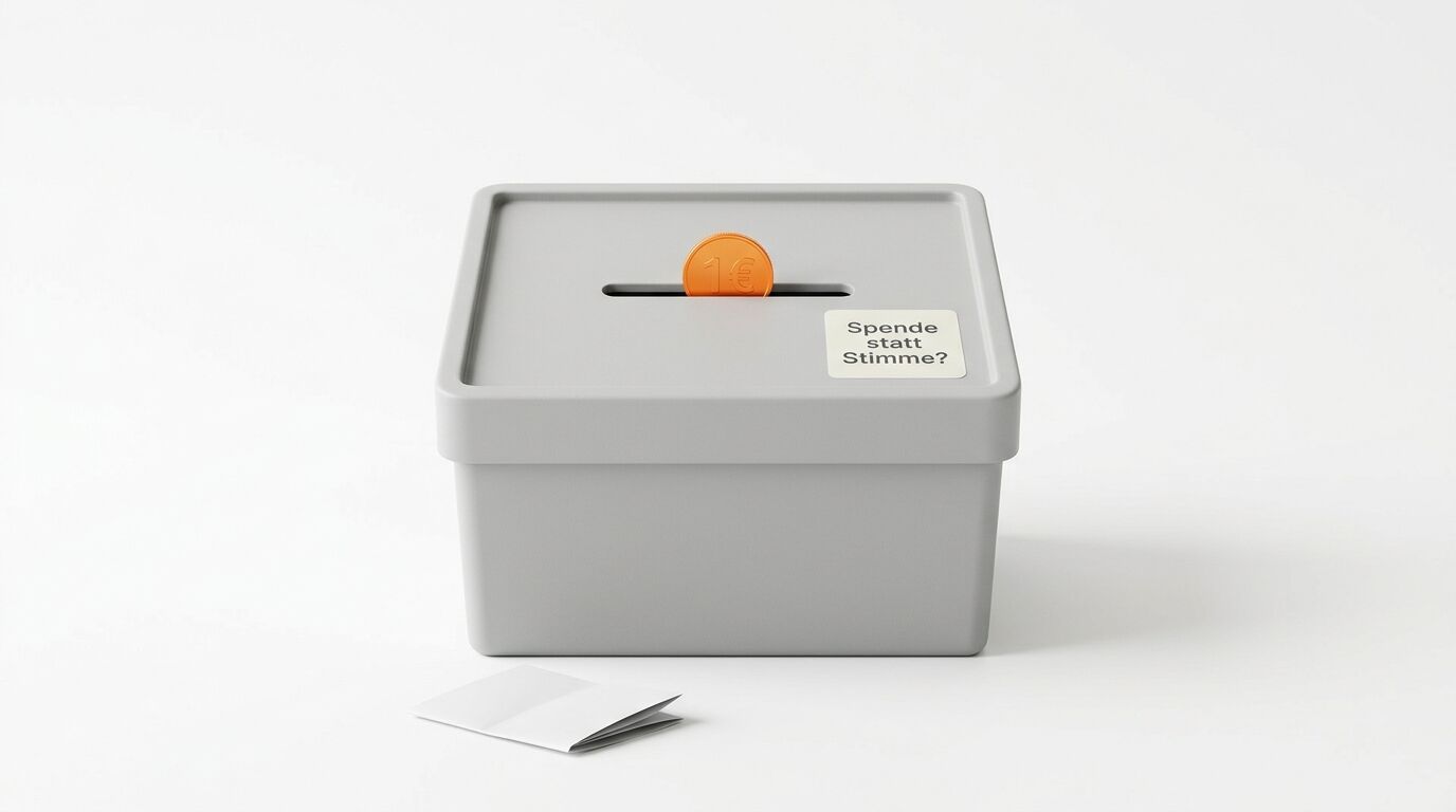 Graue Box, orangefarbene Münze im Schlitz, Aufkleber „Spende statt Stimme?“, gefaltetes Papier davor