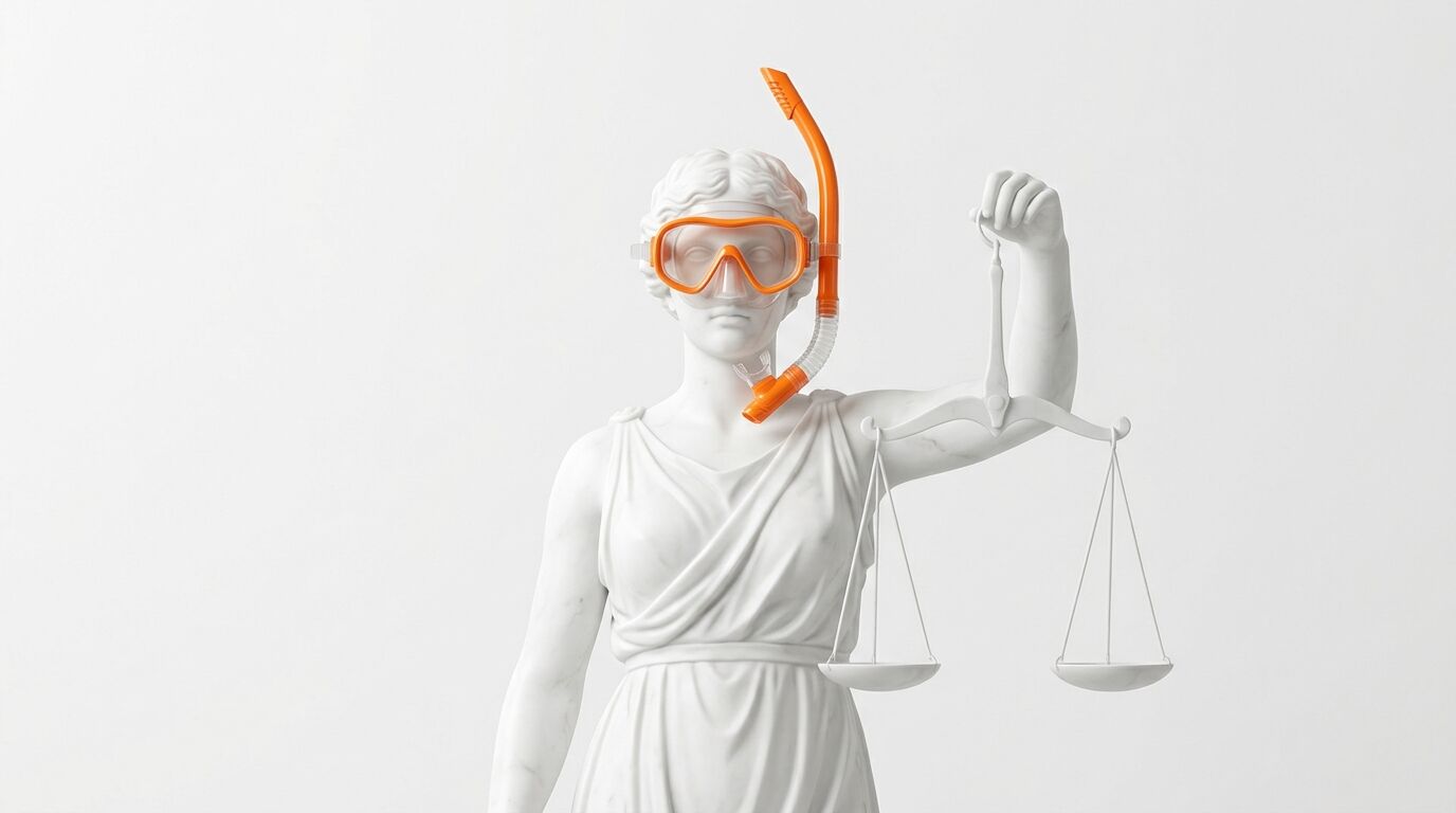 Justitia-Statue mit orangefarbener Tauchermaske und Schnorchel sowie Waage