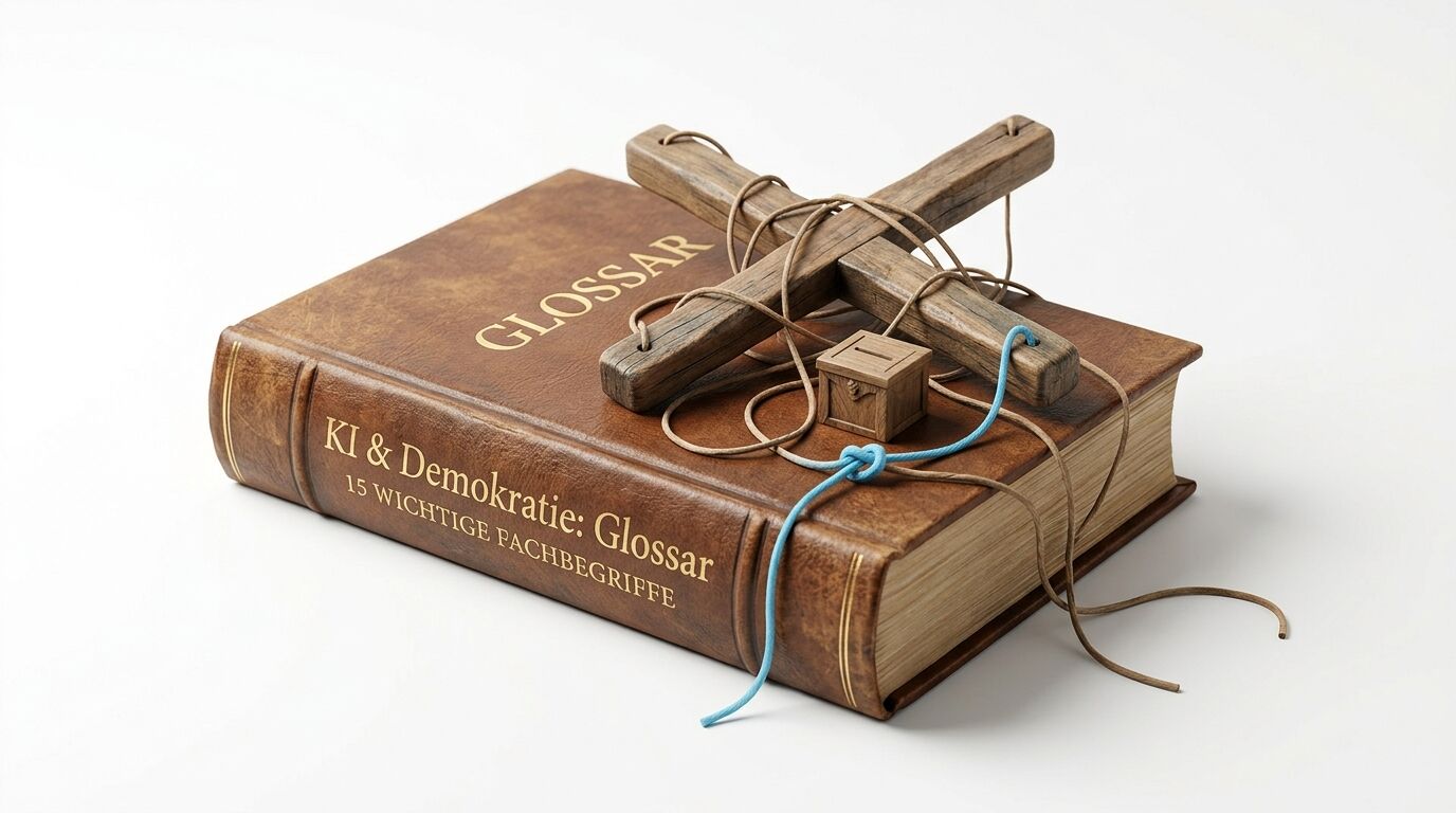 Braunes Buch mit Titel und darauf Holz-Marionettenkreuz und Wahlurne vor weißem Hintergrund
