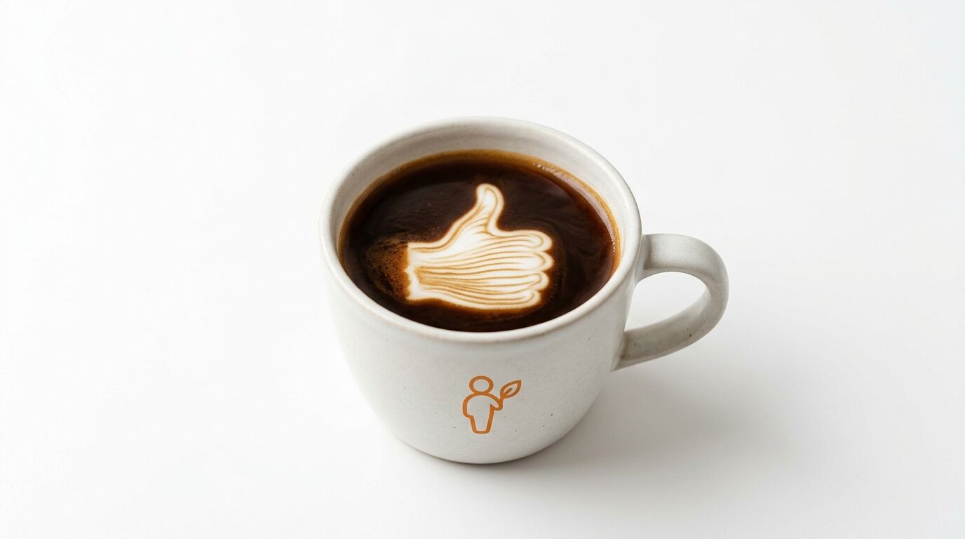 Kaffeetasse mit Daumen-hoch Latte Art und orangefarbenem Männchen-Logo auf Weiß
