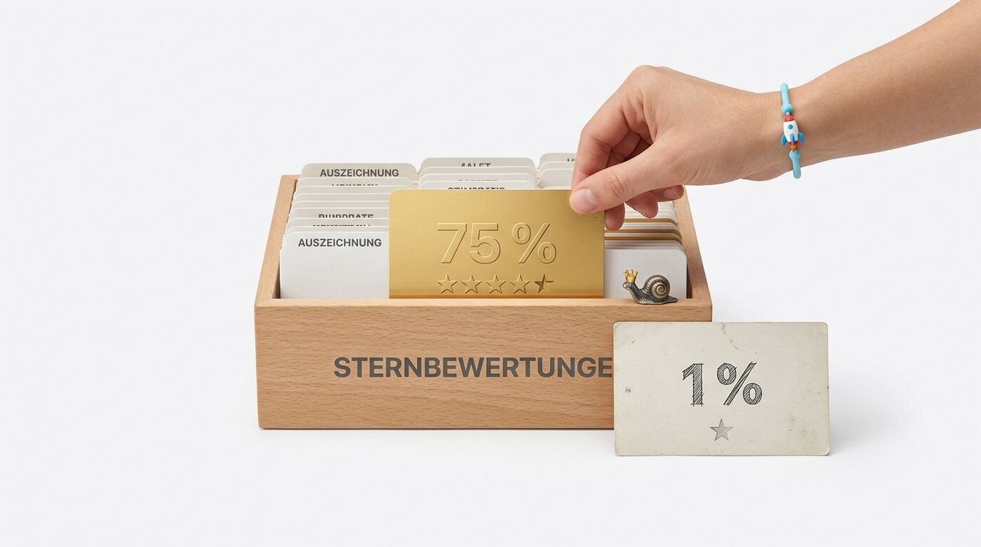 Holzkartei „STERNBEWERTUNGEN“; Hand entnimmt goldene Karte „75%“; vorne Karte „1%“