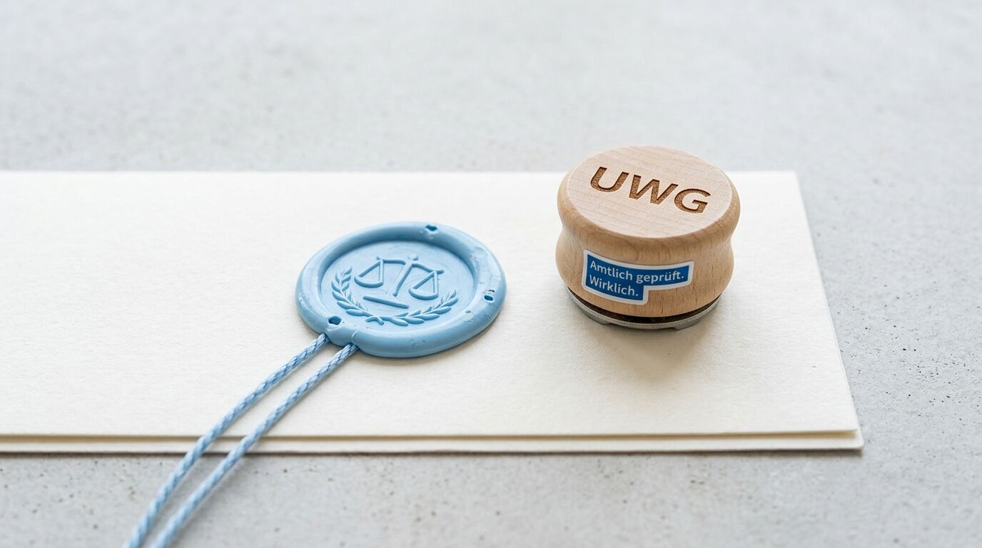 Blaues Wachssiegel mit Waage neben Holzstempel (UWG) auf weißem Papier