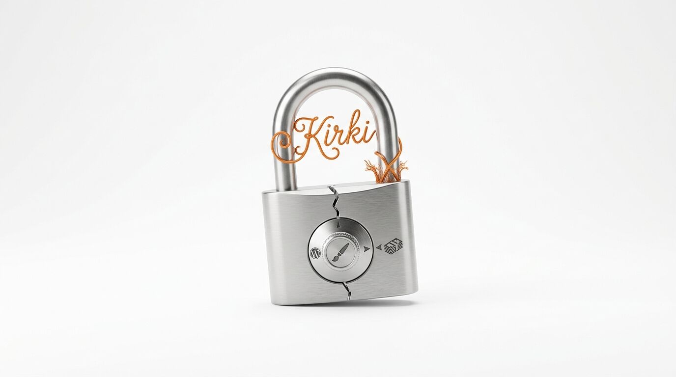 Das Bild zeigt ein aufgebrochenes Metallschloss mit dem Schriftzug „Kirki“