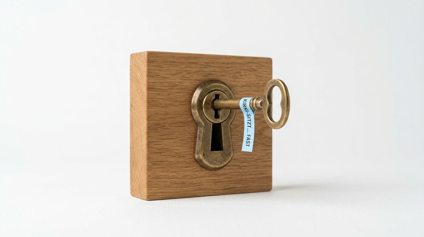 Ein Holzklotz mit Schlüsselloch, in dem ein Schlüssel mit Zettel steckt