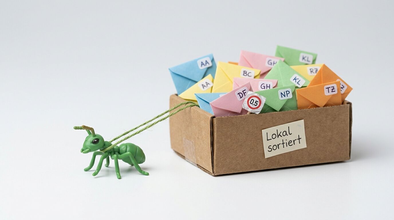 Spielzeugameise zieht Karton mit bunten Kuverts, beschriftet „Lokal sortiert“, auf weißem Grund