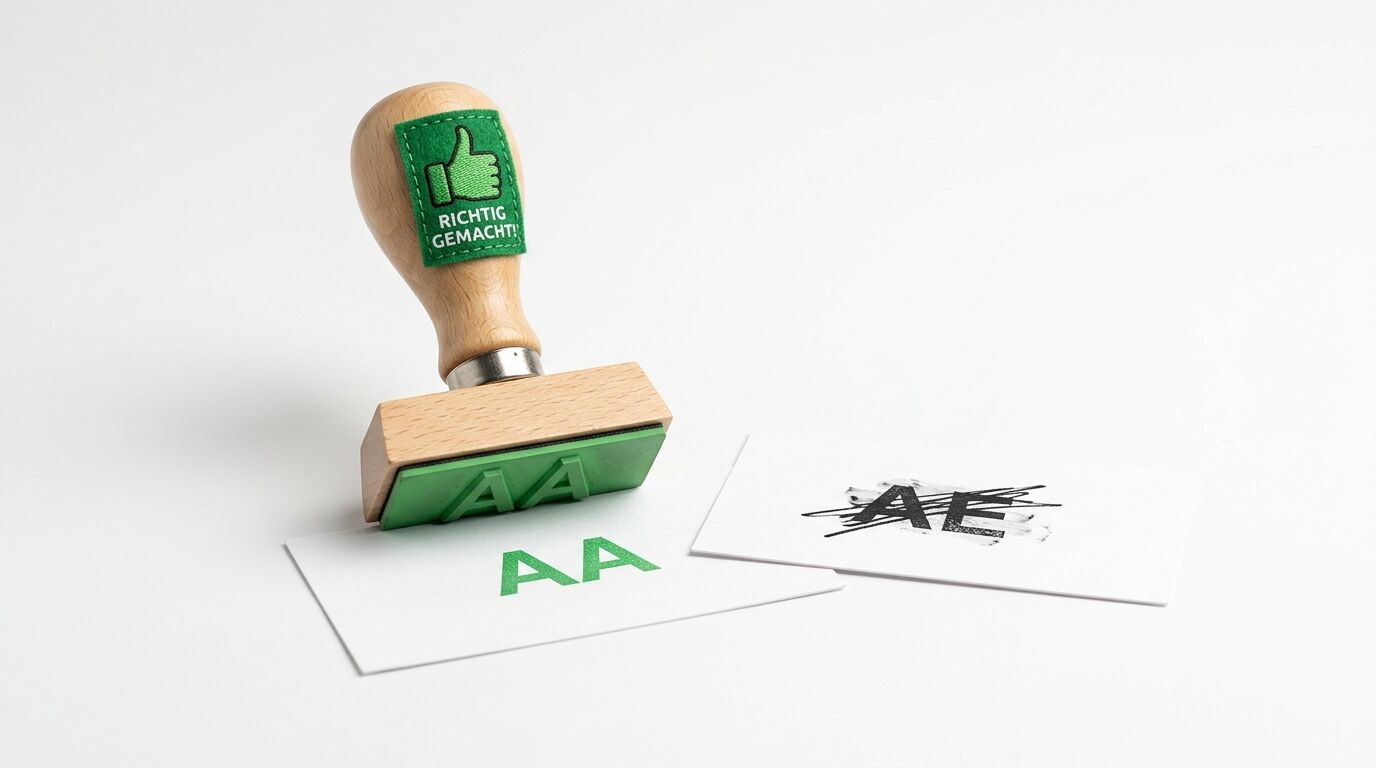 Ein Holzstempel korrigiert „AE“ zu „AA“ auf weißem Grund