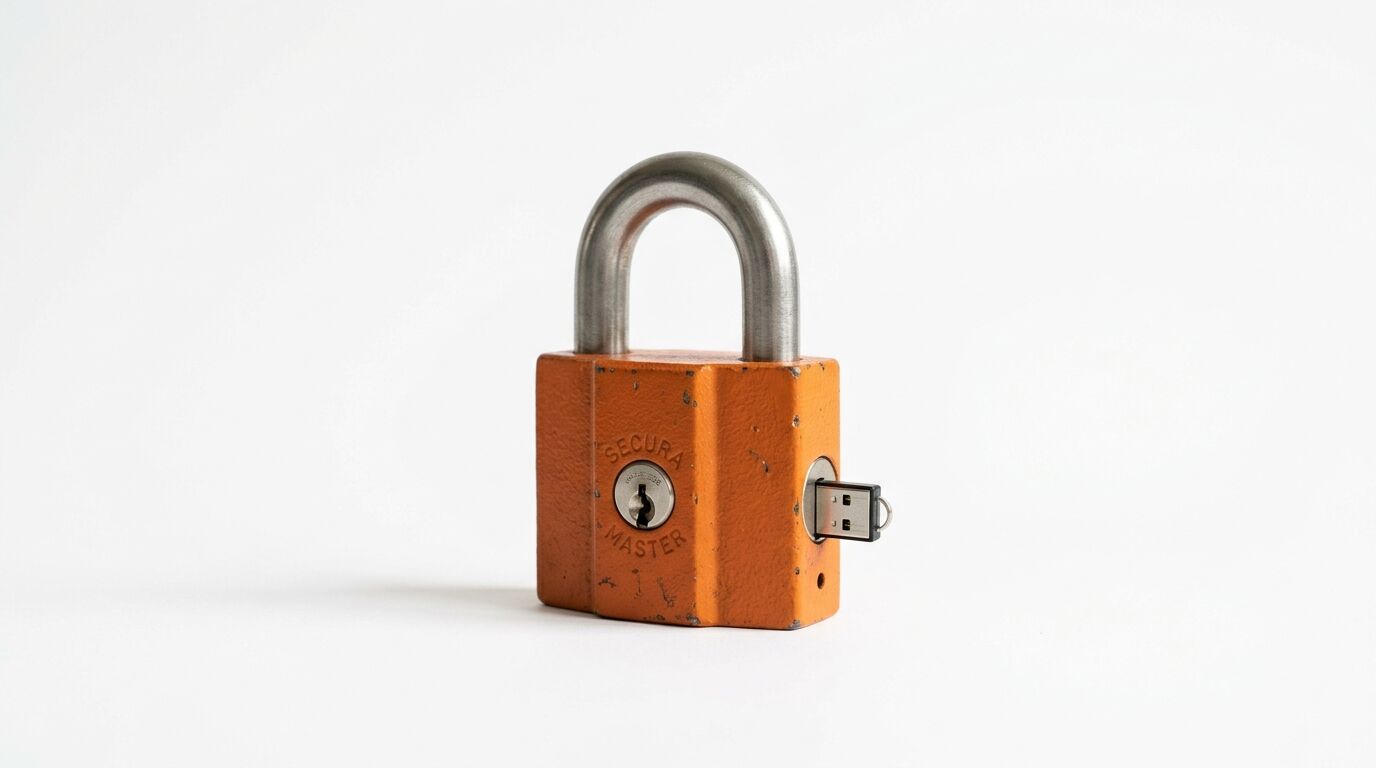 Oranges Vorhängeschloss mit seitlich eingestecktem USB-Stick vor weißem Hintergrund