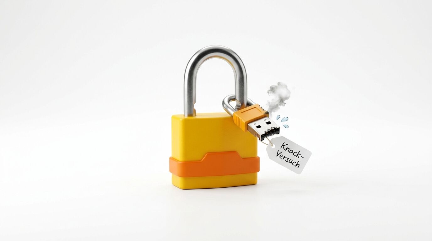 Ein Schloss mit einem dampfenden USB-Stick-Vorhängeschloss und einem Schild