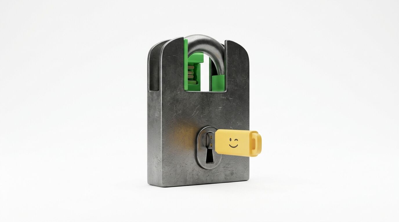 Vorhängeschloss mit Smileys-USB-Stick im Schlüsselloch, auf weißem Hintergrund