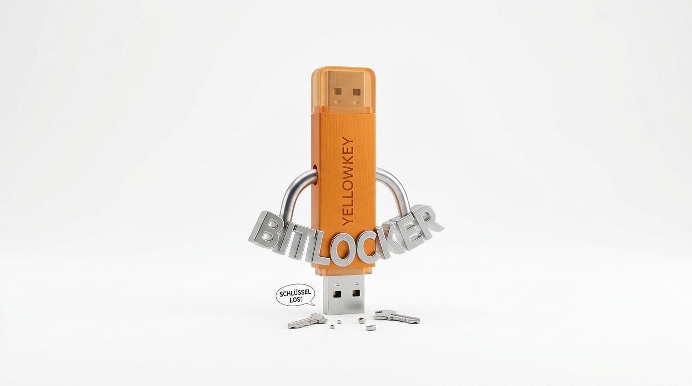 Orangener USB-Stick „Yellowkey“ mit Vorhängeschloss-„Bitlocker“-Schriftzug vor weißem Hintergrund