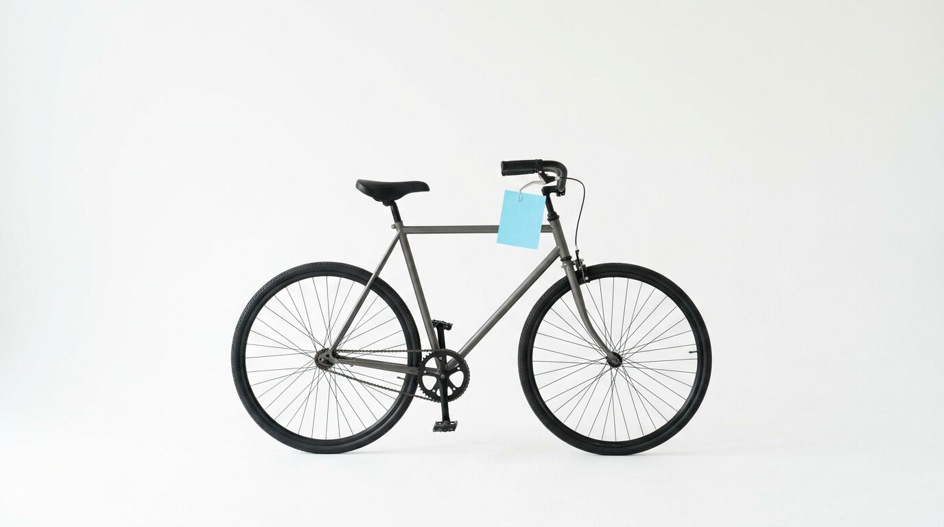 Dunkelgraues Herrenrad mit hellblauem Preisschild am Lenker vor weißem Hintergrund