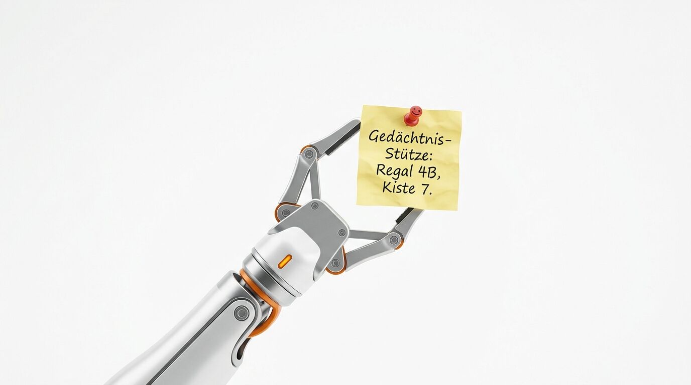 Ein Roboterarm hält einen gelben Zettel mit deutschem Text und einer roten Reißzwecke