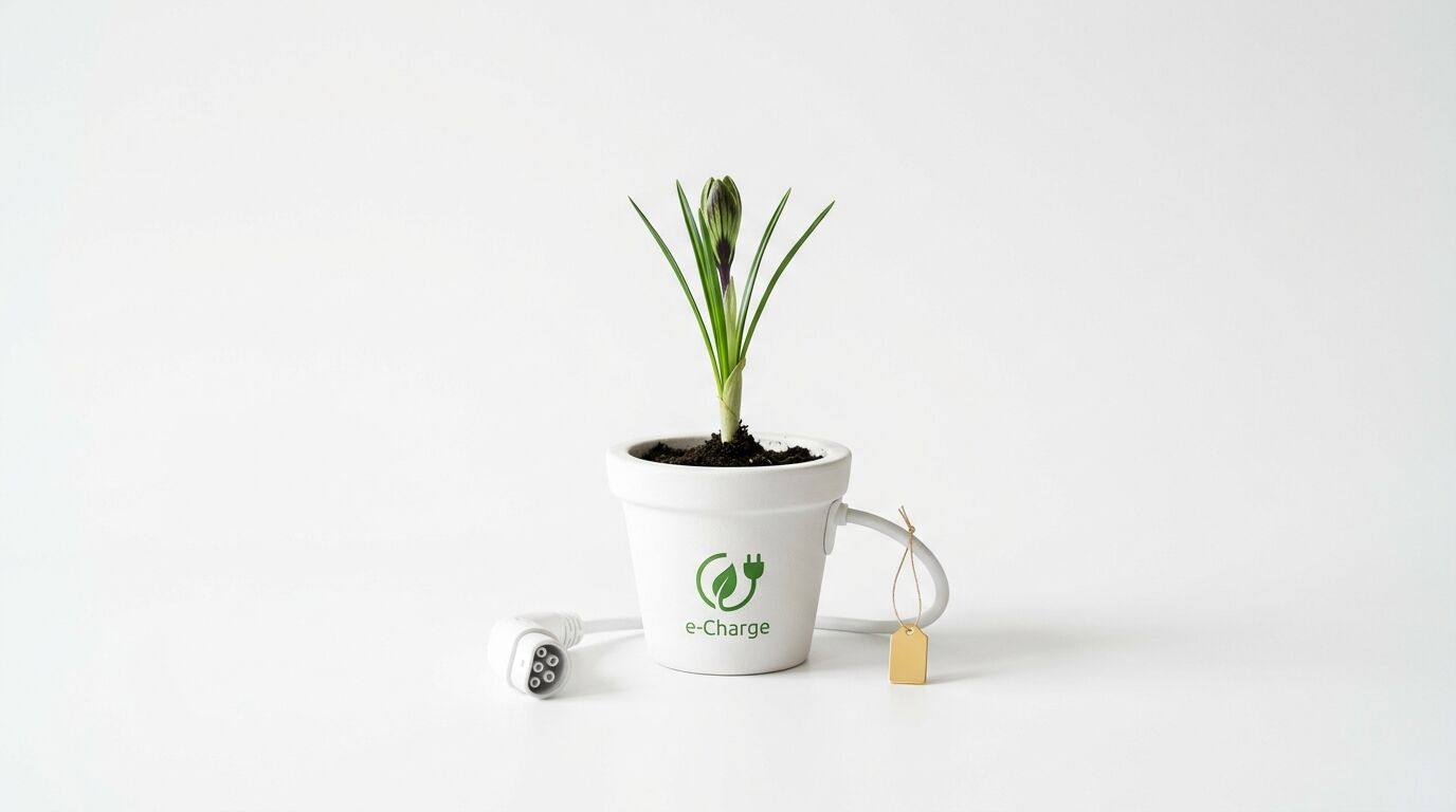 Blumentopf mit Pflanze und E-Auto-Ladekabel, davor ein goldener Anhänger