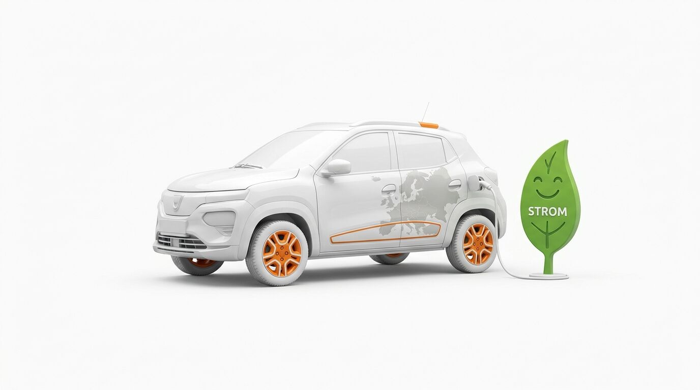 Ein weißes E-Auto wird an einer blattförmigen Station mit der Aufschrift „STROM“ geladen