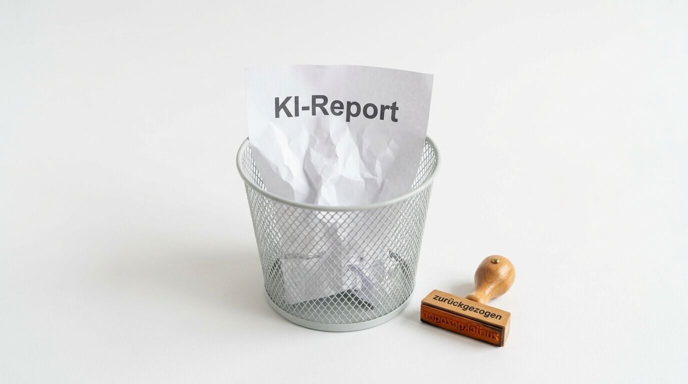 Zerknülltes Papier „KI-Report“ im Papierkorb und Stempel „zurückgezogen“ auf weißem Grund
