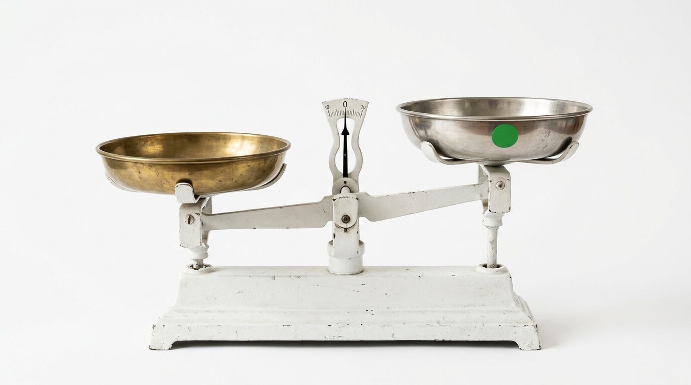 Weiße Waage mit goldener Schale links, silberner Schale rechts, grünem Punkt und mittigem Zeiger