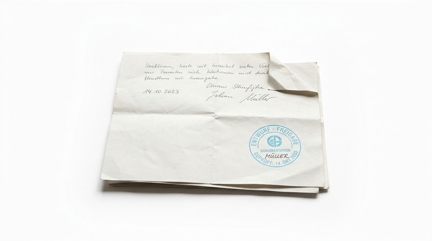 Gefaltetes Dokument mit handschriftlichen Notizen und blauem Stempel auf weißem Hintergrund
