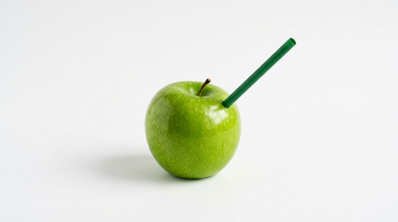 Grüner Apfel mit Stiel und grünem Trinkhalm auf weißem Grund