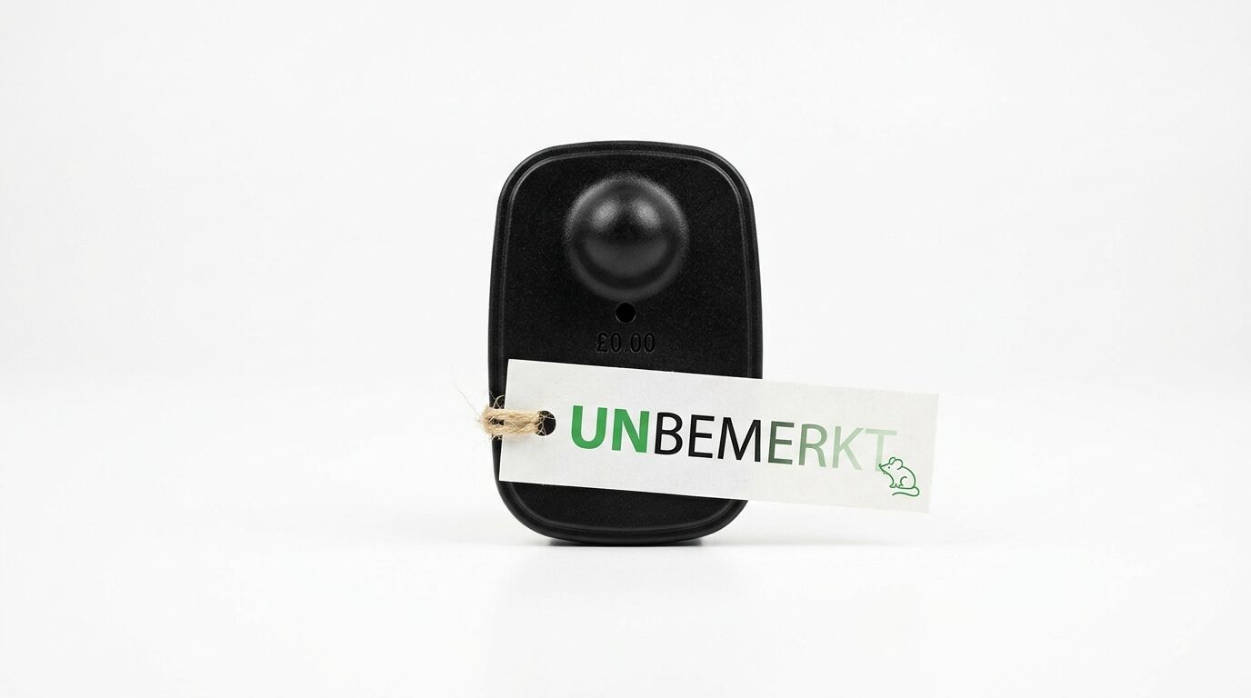 Schwarze Warensicherung mit Etikett „UNBEMERKT“ und Maus-Logo auf weißem Hintergrund